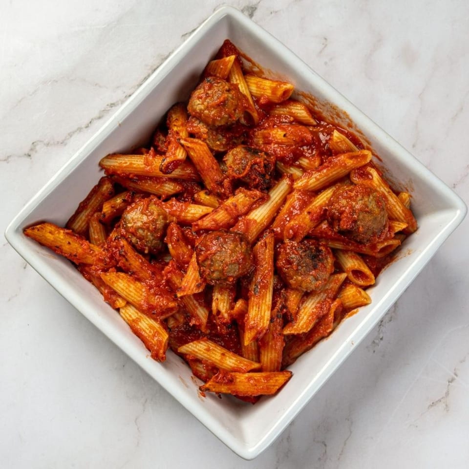 Penne pasta with meatballs and red sauce in a white square dish on a marble surface.