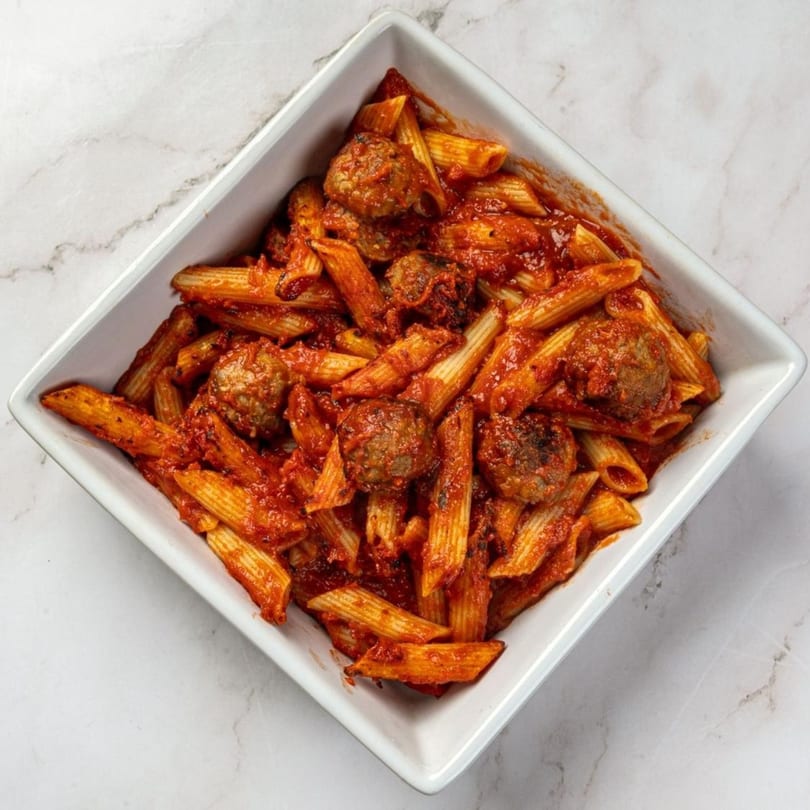 Penne pasta with meatballs and red sauce in a white square dish on a marble surface.
