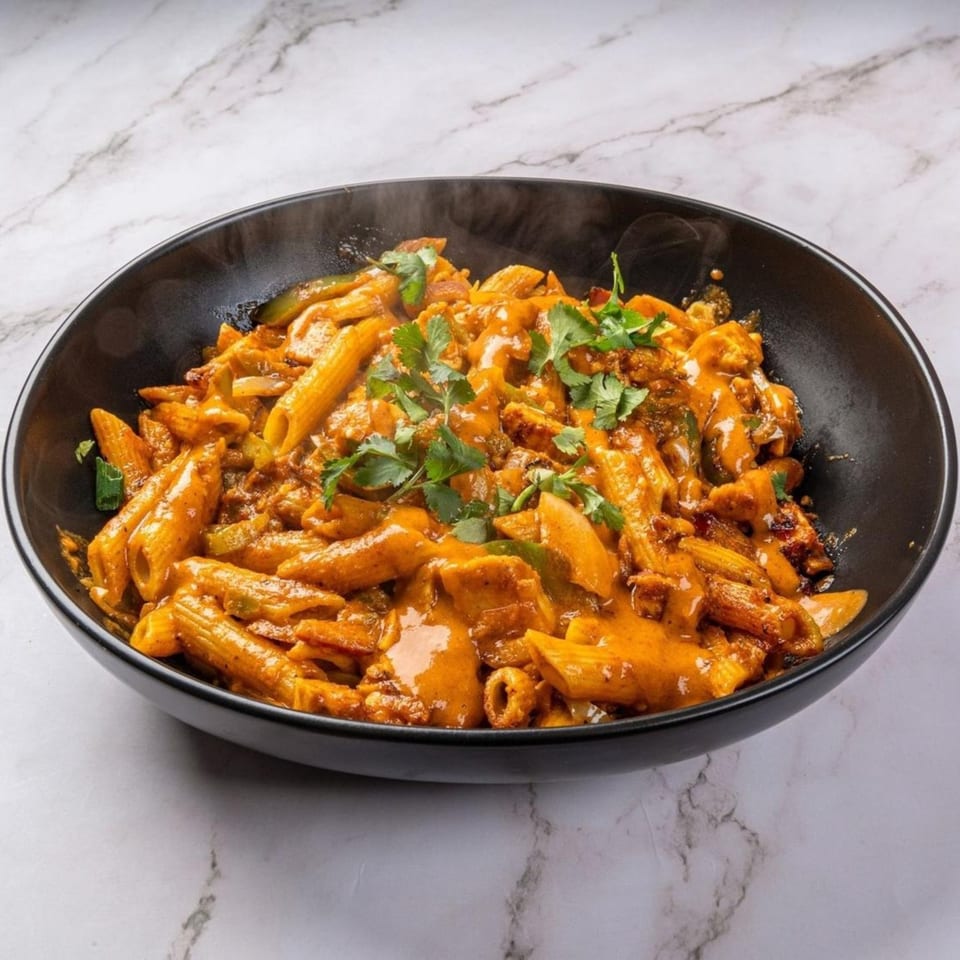 Steaming penne pasta in a creamy orange sauce, garnished with fresh cilantro in a black bowl.