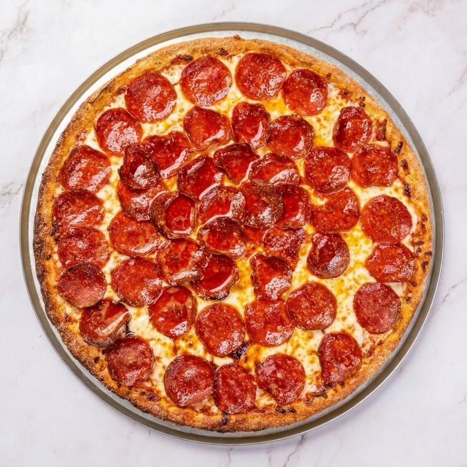 A large pepperoni pizza with melted cheese on a metal pan, viewed from directly above.