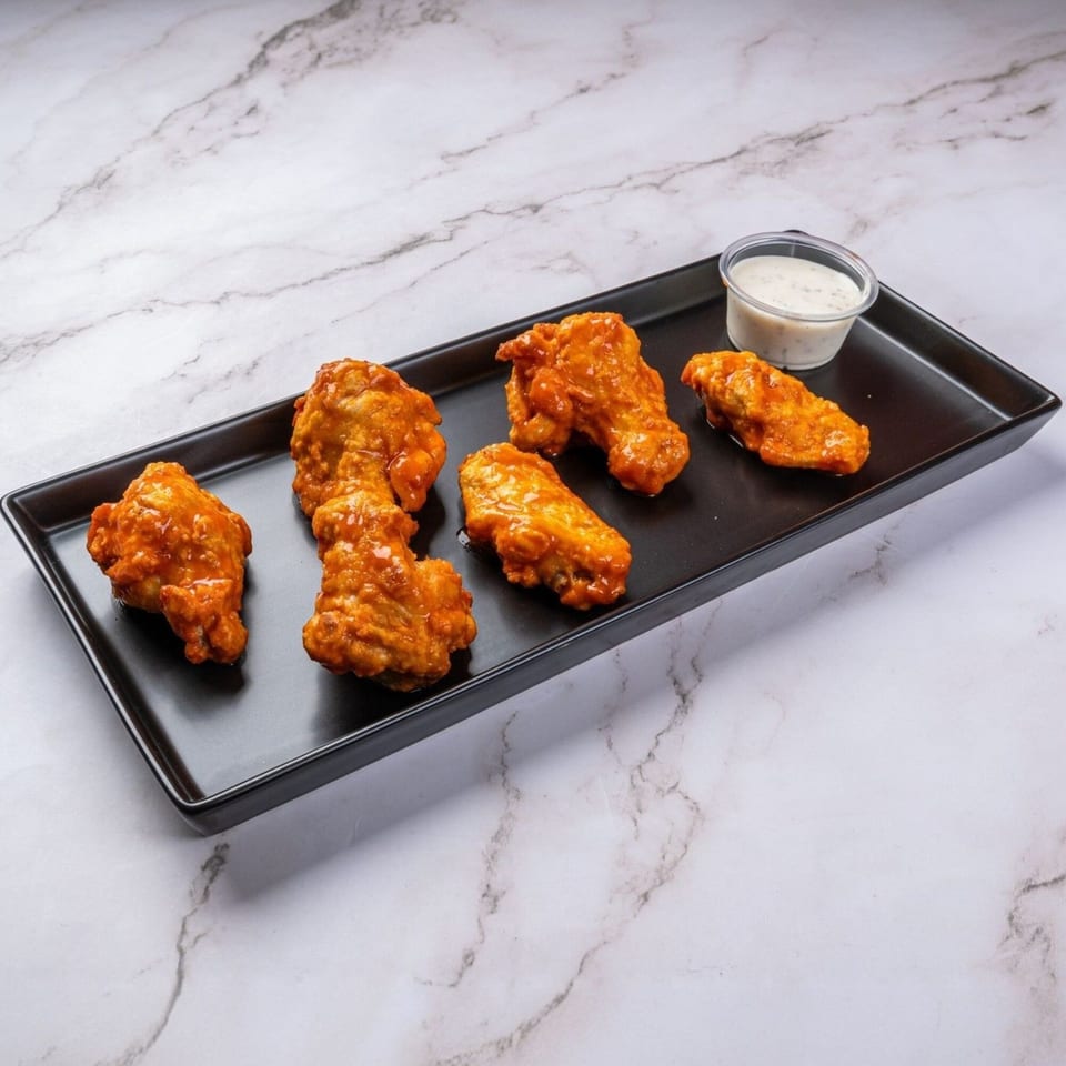 Six buffalo chicken wings with a side of ranch dressing on a black platter.