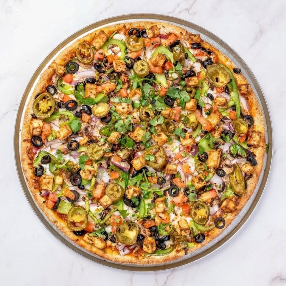 Overhead view of a large pizza with paneer, olives, bell peppers, jalapeños, and cilantro.