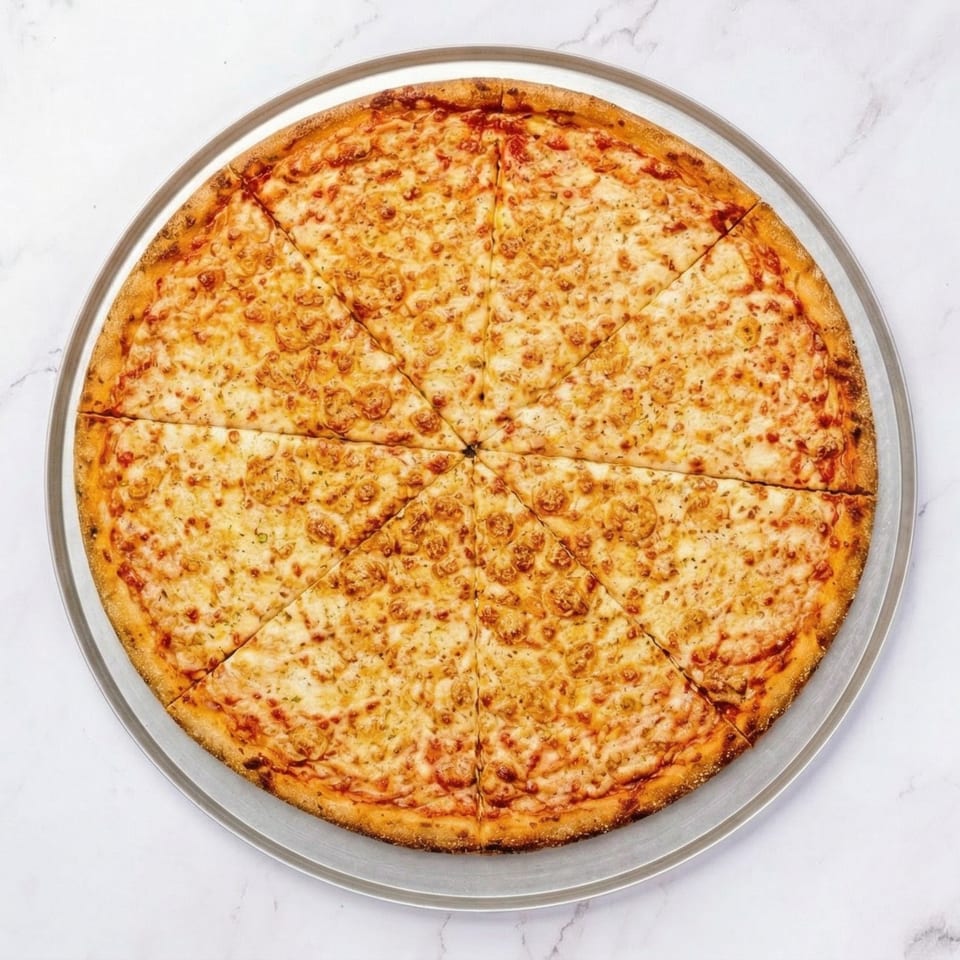 A large, round cheese pizza, cut into eight slices, on a silver pizza pan.