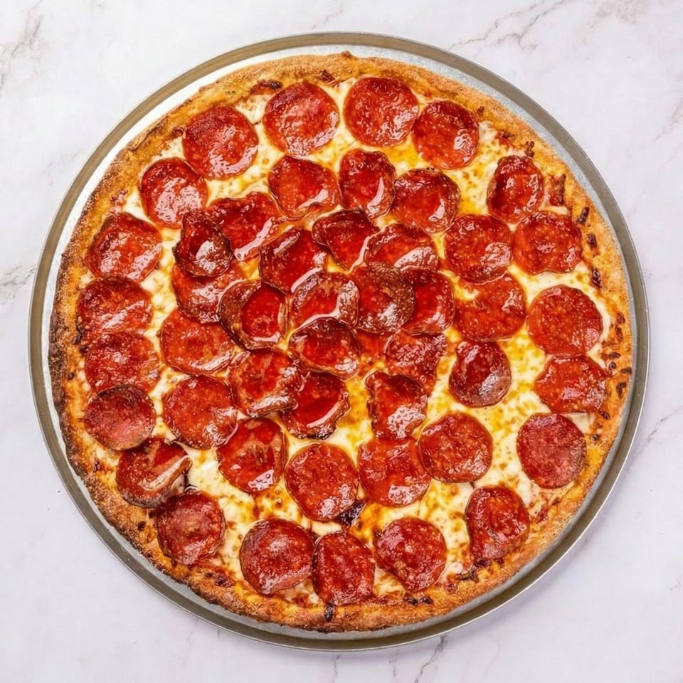 A large, round pepperoni pizza with melted cheese on a metal pan, viewed from above.