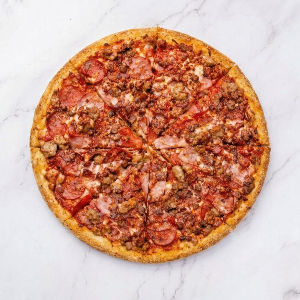 A whole meat lover's pizza, cut into slices, with pepperoni, sausage, and ham toppings.