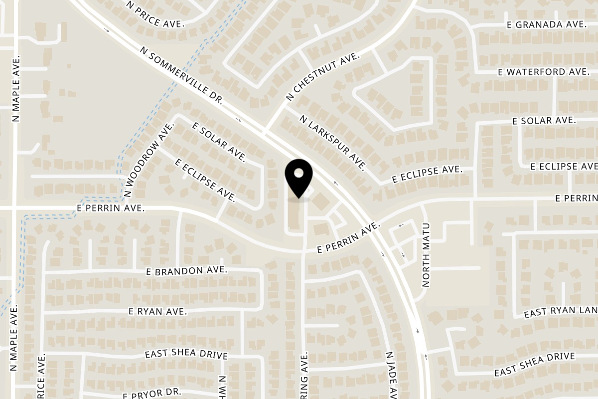 Map showing the location of Desi Slice Pizza & More on 9525 N Sommerville Dr #111 in Fresno